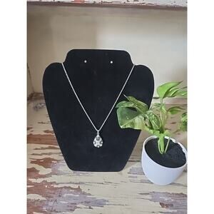 Vintage CW Signed Marcasite Teardrop Pendant Necklace Silver Tone Art Deco Style